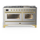 ILVE Majestic III 60-inch Dual Fuel Range with 7 Natural Gas Burner, Griddle and Triple Glass Door Electric Oven in Stainless Steel with Brass Trim (UM60FNR3SSG)