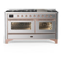 ILVE Majestic III 60-inch Dual Fuel Range with 7 Natural Gas Burner, Griddle and Triple Glass Door Electric Oven in Stainless Steel with Copper Trim (UM60FNR3SSP)