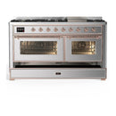 ILVE Majestic III 60-inch Dual Fuel Range with 7 Natural Gas Burner, Griddle and Triple Glass Door Electric Oven in Stainless Steel with Copper Trim (UM60FNR3SSP)