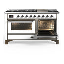 ILVE Majestic III 60-inch Dual Fuel Range with 7 Natural Gas Burner, Griddle and Triple Glass Door Electric Oven in White with Burnished Trim (UM60FNR3WHB)