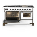 ILVE Majestic III 60-inch Dual Fuel Range with 7 Natural Gas Burner, Griddle and Triple Glass Door Electric Oven in White with Burnished Trim (UM60FNR3WHB)