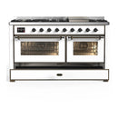 ILVE Majestic III 60-inch Dual Fuel Range with 7 Natural Gas Burner, Griddle and Triple Glass Door Electric Oven in White with Burnished Trim (UM60FNR3WHB)