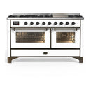 ILVE Majestic III 60-inch Dual Fuel Range with 7 Natural Gas Burner, Griddle and Triple Glass Door Electric Oven in White with Burnished Trim (UM60FNR3WHB)