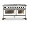 ILVE Majestic III 60-inch Dual Fuel Range with 7 Natural Gas Burner, Griddle and Triple Glass Door Electric Oven in White with Burnished Trim (UM60FNR3WHB)