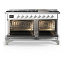 ILVE Majestic III 60-inch Dual Fuel Range with 7 Natural Gas Burner, Griddle and Triple Glass Door Electric Oven in White with Chrome Trim (UM60FNR3WHC)