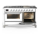 ILVE Majestic III 60-inch Dual Fuel Range with 7 Natural Gas Burner, Griddle and Triple Glass Door Electric Oven in White with Chrome Trim (UM60FNR3WHC)