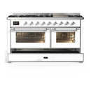 ILVE Majestic III 60-inch Dual Fuel Range with 7 Natural Gas Burner, Griddle and Triple Glass Door Electric Oven in White with Chrome Trim (UM60FNR3WHC)