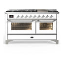 ILVE Majestic III 60-inch Dual Fuel Range with 7 Natural Gas Burner, Griddle and Triple Glass Door Electric Oven in White with Chrome Trim (UM60FNR3WHC)
