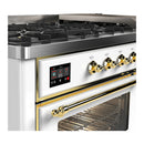 ILVE Majestic III 60-inch Dual Fuel Range with 5 Liquid Propane Burner, Griddle and Triple Glass Door Electric Oven in White with Brass Trim (UM60FNR3WHGLP)