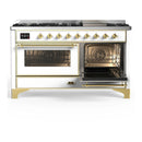 ILVE Majestic III 60-inch Dual Fuel Range with 5 Liquid Propane Burner, Griddle and Triple Glass Door Electric Oven in White with Brass Trim (UM60FNR3WHGLP)