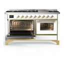 ILVE Majestic III 60-inch Dual Fuel Range with 7 Natural Gas Burner, Griddle and Triple Glass Door Electric Oven in White with Brass Trim (UM60FNR3WHG)