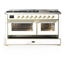 ILVE Majestic III 60-inch Dual Fuel Range with 7 Natural Gas Burner, Griddle and Triple Glass Door Electric Oven in White with Brass Trim (UM60FNR3WHG)