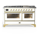 ILVE Majestic III 60-inch Dual Fuel Range with 7 Natural Gas Burner, Griddle and Triple Glass Door Electric Oven in White with Brass Trim (UM60FNR3WHG)