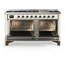 ILVE Majestic III 60-inch Dual Fuel Range with 7 Natural Gas Burner, Griddle and Solid Door Electric Oven in Antique White with Burnished Trim (UM60FQNR3AWB)