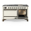 ILVE Majestic III 60-inch Dual Fuel Range with 7 Natural Gas Burner, Griddle and Solid Door Electric Oven in Antique White with Burnished Trim (UM60FQNR3AWB)