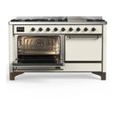 ILVE Majestic III 60-inch Dual Fuel Range with 7 Natural Gas Burner, Griddle and Solid Door Electric Oven in Antique White with Burnished Trim (UM60FQNR3AWB)