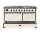 ILVE Majestic III 60-inch Dual Fuel Range with 7 Natural Gas Burner, Griddle and Solid Door Electric Oven in Antique White with Burnished Trim (UM60FQNR3AWB)