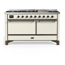 ILVE Majestic III 60-inch Dual Fuel Range with 7 Natural Gas Burner, Griddle and Solid Door Electric Oven in Antique White with Burnished Trim (UM60FQNR3AWB)