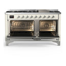 ILVE Majestic III 60-inch Dual Fuel Range with 7 Natural Gas Burner, Griddle and Solid Door Electric Oven in Antique White with Chrome Trim (UM60FQNR3AWC)