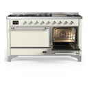 ILVE Majestic III 60-inch Dual Fuel Range with 7 Natural Gas Burner, Griddle and Solid Door Electric Oven in Antique White with Chrome Trim (UM60FQNR3AWC)