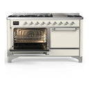 ILVE Majestic III 60-inch Dual Fuel Range with 7 Natural Gas Burner, Griddle and Solid Door Electric Oven in Antique White with Chrome Trim (UM60FQNR3AWC)