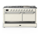 ILVE Majestic III 60-inch Dual Fuel Range with 7 Natural Gas Burner, Griddle and Solid Door Electric Oven in Antique White with Chrome Trim (UM60FQNR3AWC)