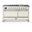 ILVE Majestic III 60-inch Dual Fuel Range with 7 Natural Gas Burner, Griddle and Solid Door Electric Oven in Antique White with Chrome Trim (UM60FQNR3AWC)