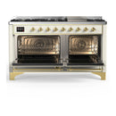 ILVE Majestic III 60-inch Dual Fuel Range with 5 Liquid Propane Burner, Griddle and Solid Door Electric Oven in Antique White with Brass Trim (UM60FQNR3AWGLP)