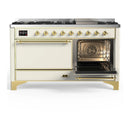 ILVE Majestic III 60-inch Dual Fuel Range with 7 Natural Gas Burner, Griddle and Solid Door Electric Oven in Antique White with Brass Trim (UM60FQNR3AWG)