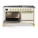 ILVE Majestic III 60-inch Dual Fuel Range with 7 Natural Gas Burner, Griddle and Solid Door Electric Oven in Antique White with Brass Trim (UM60FQNR3AWG)