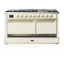 ILVE Majestic III 60-inch Dual Fuel Range with 7 Natural Gas Burner, Griddle and Solid Door Electric Oven in Antique White with Brass Trim (UM60FQNR3AWG)