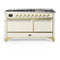 ILVE Majestic III 60-inch Dual Fuel Range with 7 Natural Gas Burner, Griddle and Solid Door Electric Oven in Antique White with Brass Trim (UM60FQNR3AWG)