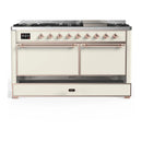 ILVE Majestic III 60-inch Dual Fuel Range with 5 Liquid Propane Burner, Griddle and Solid Door Electric Oven in Antique White with Copper Trim (UM60FQNR3AWPLP)