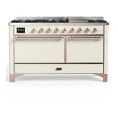 ILVE Majestic III 60-inch Dual Fuel Range with 7 Natural Gas Burner, Griddle and Solid Door Electric Oven in Antique White with Copper Trim (UM60FQNR3AWP)