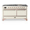 ILVE Majestic III 60-inch Dual Fuel Range with 7 Natural Gas Burner, Griddle and Solid Door Electric Oven in Antique White with Copper Trim (UM60FQNR3AWP)