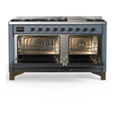 ILVE Majestic III 60-inch Dual Fuel Range with 5 Liquid Propane Burner, Griddle and Solid Door Electric Oven in Blue Grey with Burnished Trim (UM60FQNR3BGBLP)