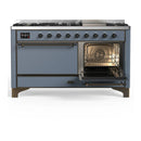 ILVE Majestic III 60-inch Dual Fuel Range with 5 Liquid Propane Burner, Griddle and Solid Door Electric Oven in Blue Grey with Burnished Trim (UM60FQNR3BGBLP)