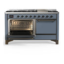 ILVE Majestic III 60-inch Dual Fuel Range with 5 Liquid Propane Burner, Griddle and Solid Door Electric Oven in Blue Grey with Burnished Trim (UM60FQNR3BGBLP)