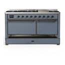 ILVE Majestic III 60-inch Dual Fuel Range with 7 Natural Gas Burner, Griddle and Solid Door Electric Oven in Blue Grey with Burnished Trim (UM60FQNR3BGB)