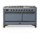 ILVE Majestic III 60-inch Dual Fuel Range with 7 Natural Gas Burner, Griddle and Solid Door Electric Oven in Blue Grey with Burnished Trim (UM60FQNR3BGB)