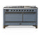 ILVE Majestic III 60-inch Dual Fuel Range with 7 Natural Gas Burner, Griddle and Solid Door Electric Oven in Blue Grey with Burnished Trim (UM60FQNR3BGB)