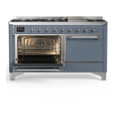 ILVE Majestic III 60-inch Dual Fuel Range with 5 Liquid Propane Burner, Griddle and Solid Door Electric Oven in Blue Grey with Chrome Trim (UM60FQNR3BGCLP)