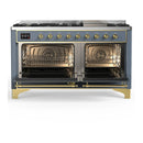 ILVE Majestic III 60-inch Dual Fuel Range with 7 Natural Gas Burner, Griddle and Solid Door Electric Oven in Blue Grey with Brass Trim (UM60FQNR3BGG)