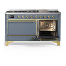 ILVE Majestic III 60-inch Dual Fuel Range with 7 Natural Gas Burner, Griddle and Solid Door Electric Oven in Blue Grey with Brass Trim (UM60FQNR3BGG)