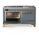 ILVE Majestic III 60-inch Dual Fuel Range with 7 Natural Gas Burner, Griddle and Solid Door Electric Oven in Blue Grey with Brass Trim (UM60FQNR3BGG)