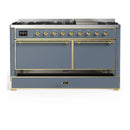 ILVE Majestic III 60-inch Dual Fuel Range with 7 Natural Gas Burner, Griddle and Solid Door Electric Oven in Blue Grey with Brass Trim (UM60FQNR3BGG)