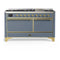 ILVE Majestic III 60-inch Dual Fuel Range with 7 Natural Gas Burner, Griddle and Solid Door Electric Oven in Blue Grey with Brass Trim (UM60FQNR3BGG)