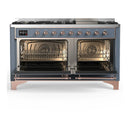 ILVE Majestic III 60-inch Dual Fuel Range with 7 Natural Gas Burner, Griddle and Solid Door Electric Oven in Blue Grey with Copper Trim (UM60FQNR3BGP)