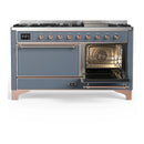 ILVE Majestic III 60-inch Dual Fuel Range with 7 Natural Gas Burner, Griddle and Solid Door Electric Oven in Blue Grey with Copper Trim (UM60FQNR3BGP)