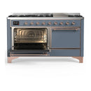 ILVE Majestic III 60-inch Dual Fuel Range with 7 Natural Gas Burner, Griddle and Solid Door Electric Oven in Blue Grey with Copper Trim (UM60FQNR3BGP)